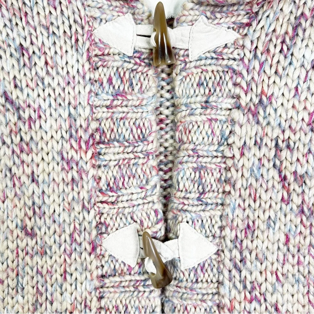 Kenji Multicolored Horn Buckle Hooded Heavyweight Midi Cardigan Sweater Womens M - Picture 5 of 9